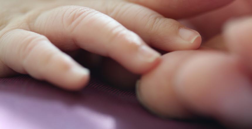 En babyhand som rör vid en vuxens finger