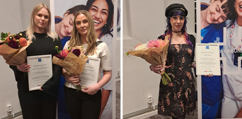 Emma Nilsson, Olivia Åstrand och Viktória Németh med diplom och blommor