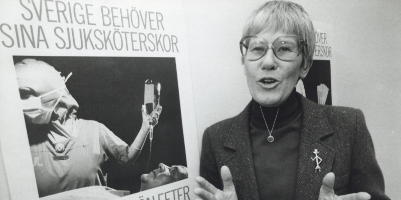 Vårdförbundets första ordförande, Marianne Lundqvist, höjde rösten för högre löner 1986. Fotograf: Rolf Hamilton, Pressens Bild AB