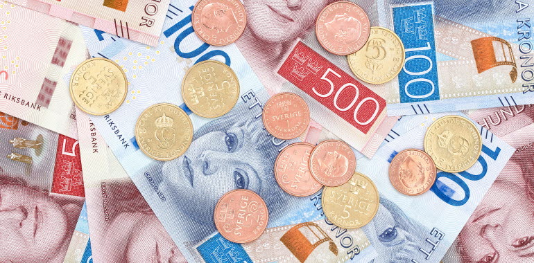 Pengar i olika valörer sedlar och mynt